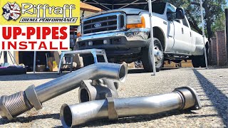 2001 F350 73  RiffRaff UpPipes Install  Stock up pipes leaking and falling apart JUNK SP [upl. by Okia]